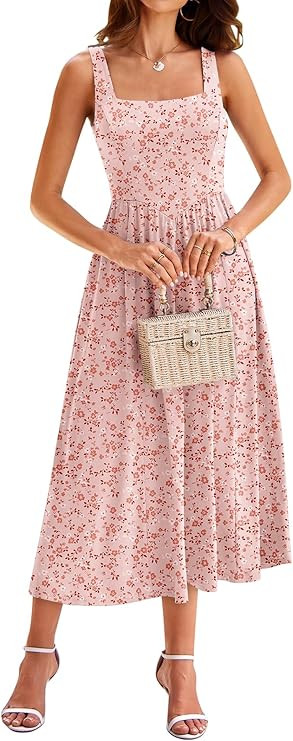 YATHON Women's Floral Midi Dress Casual Sleeveless Square Neck Tank Flowy Summer Beach Vacation S... | Amazon (US)