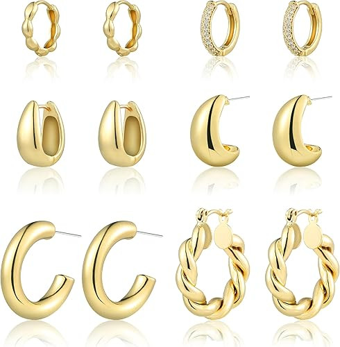 6 Pairs Gold Hoop Earrings for Women, 14K Gold Plated Chunky Huggie Hoop Earrings Set Hypoallerge... | Amazon (US)