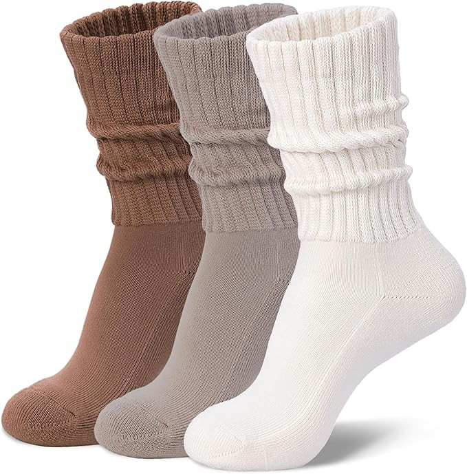 Womens Slouch Crew Socks Cozy Cotton Retro Ribbed Calf Scrunch Boot Socks for Casual Athletic 3 P... | Amazon (US)