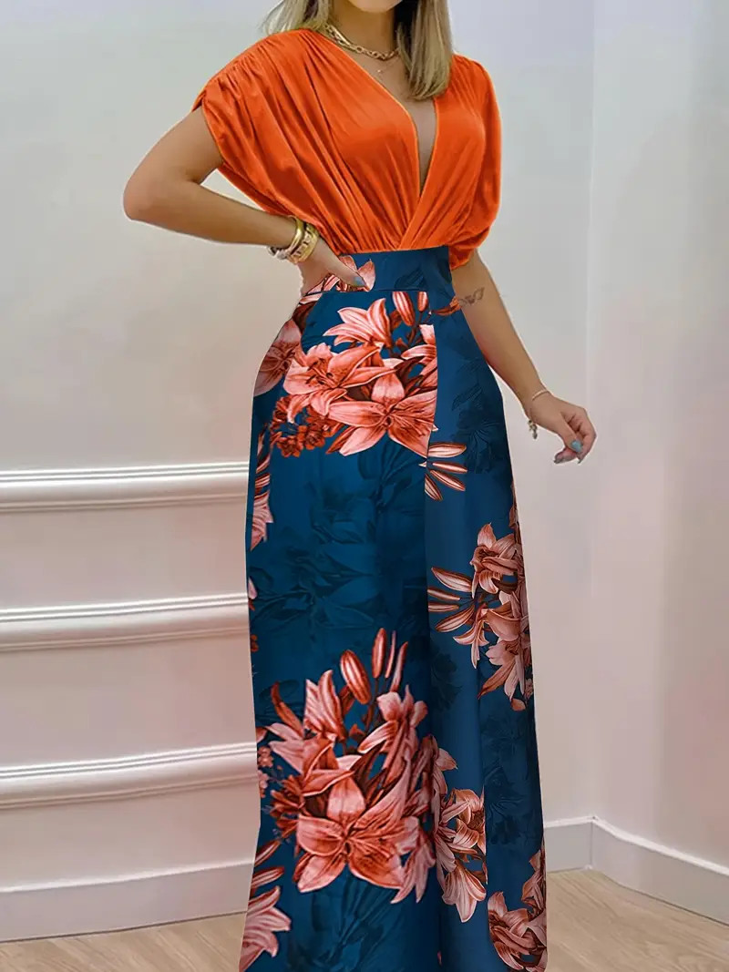 Floral Print V neck Splicing Jumpsuit Elegant Ruched Color - Temu | Temu Affiliate Program
