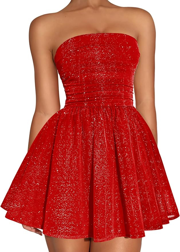 DAAWENXI Women's Sexy Strapless Mini Dress Sequin Ruched Bow Graduation Party Prom Short Dresses | Amazon (US)