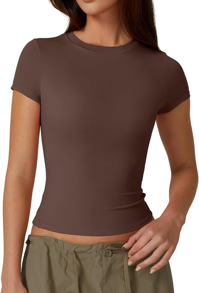 QINSEN Women's Crew Neck Short Sleeve Double-Layer Tops Basic Slim Fit Going Out T Shirt | Amazon (US)