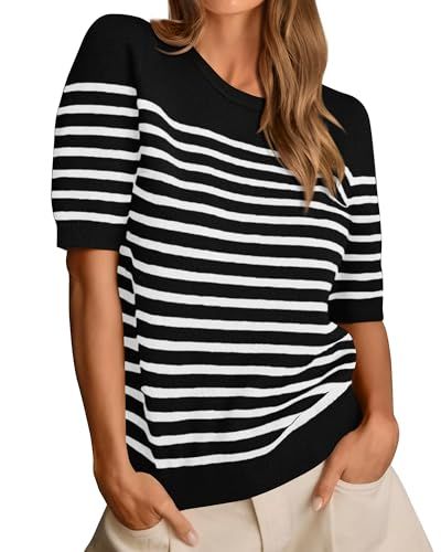 Amkoyam Women's 2024 Short Sleeve Crew Neck T Shirts Casual Striped Ribbed Knit Pullover Sweater ... | Amazon (US)