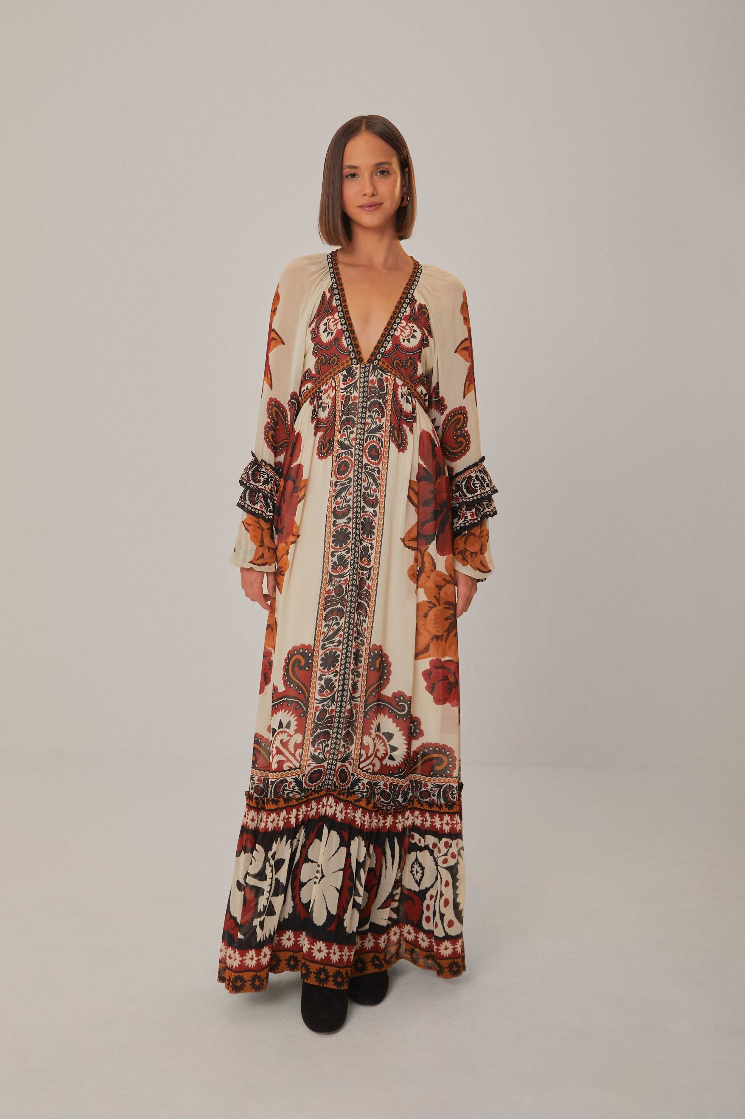 sand winter tapestry v neck maxi dress | FarmRio (US)