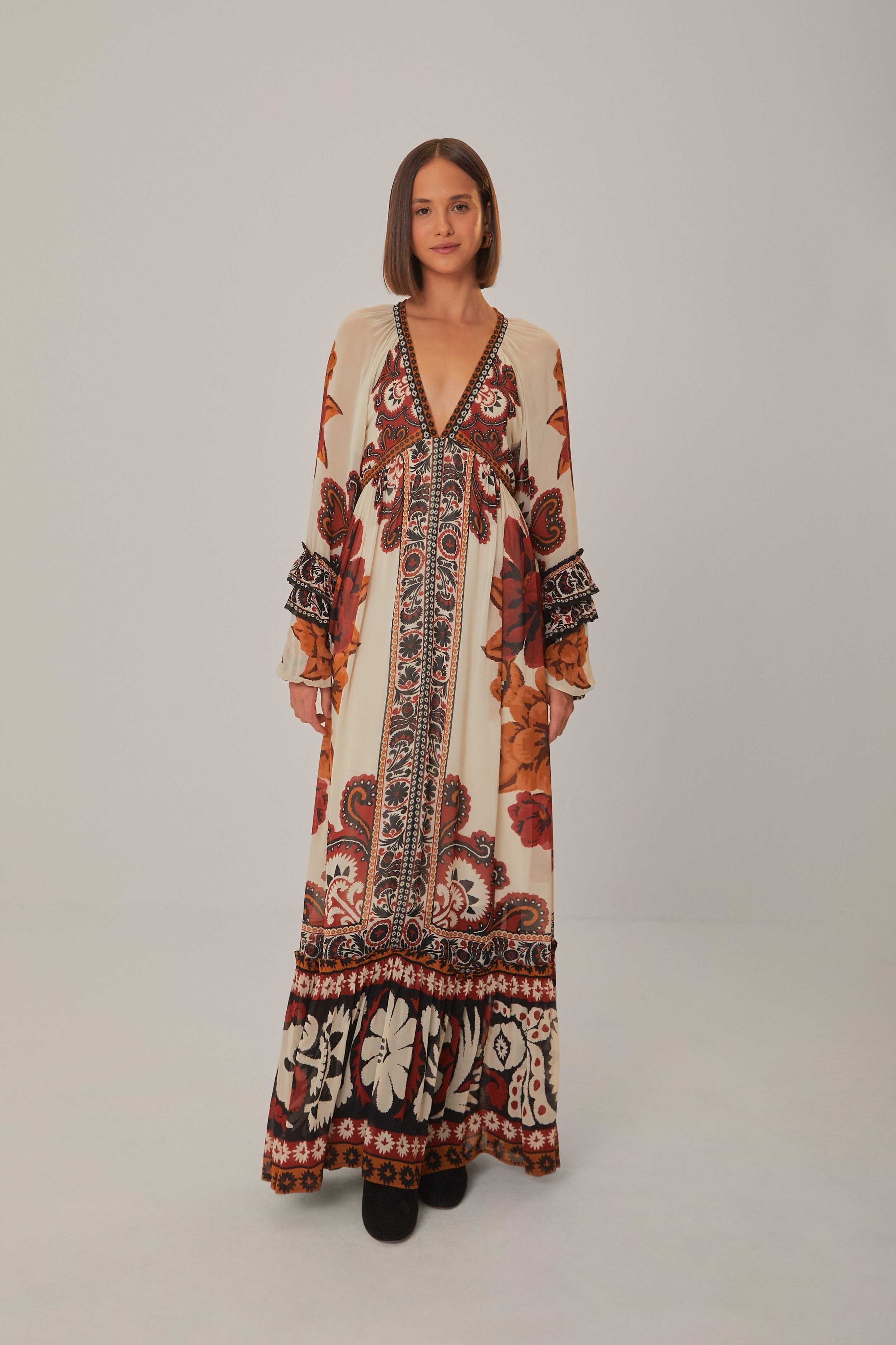 sand winter tapestry v neck maxi dress | FarmRio