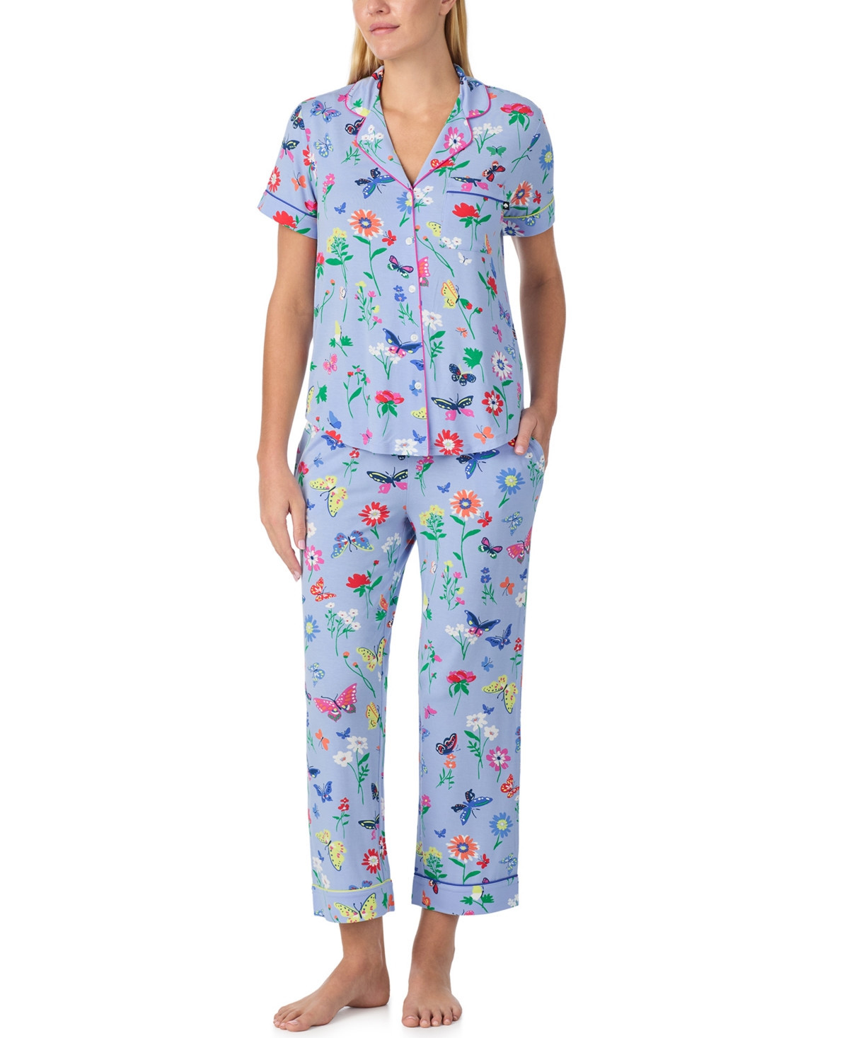 Kate Spade New York Sleepwear Short Sleeve Modal Jersey Notch Collar Cropped Pj Set - Blue | Macy's