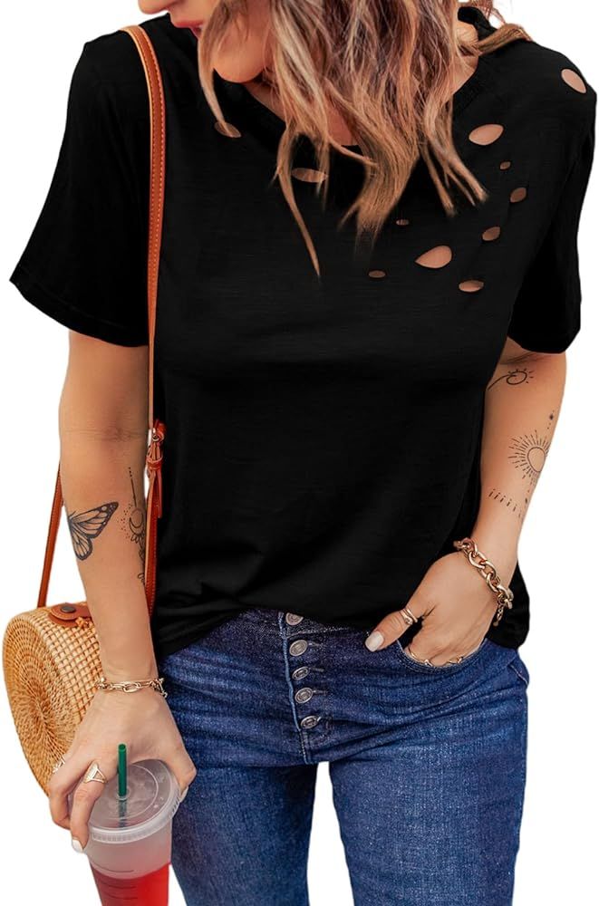 Asvivid Womens Ripped Tee T- Shirt Summer Short Sleeve Shirt Crewneck Fashion Loose Shirts Top | Amazon (US)