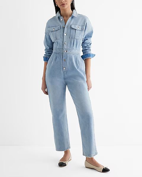 Denim Relaxed Ankle Straight Leg Jumpsuit | Express