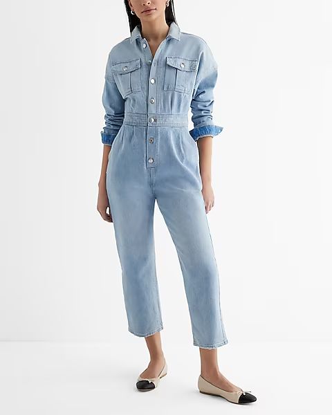Denim Relaxed Ankle Straight Leg Jumpsuit | Express