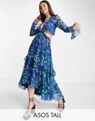 ASOS DESIGN Tall plunge front ruffle printed floral midi dress with lattice tie back detail  | AS... | ASOS (Global)