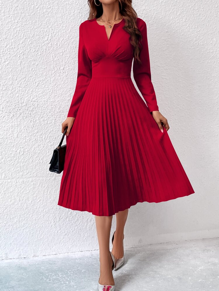 Notched Neck Pleated Hem Dress | SHEIN