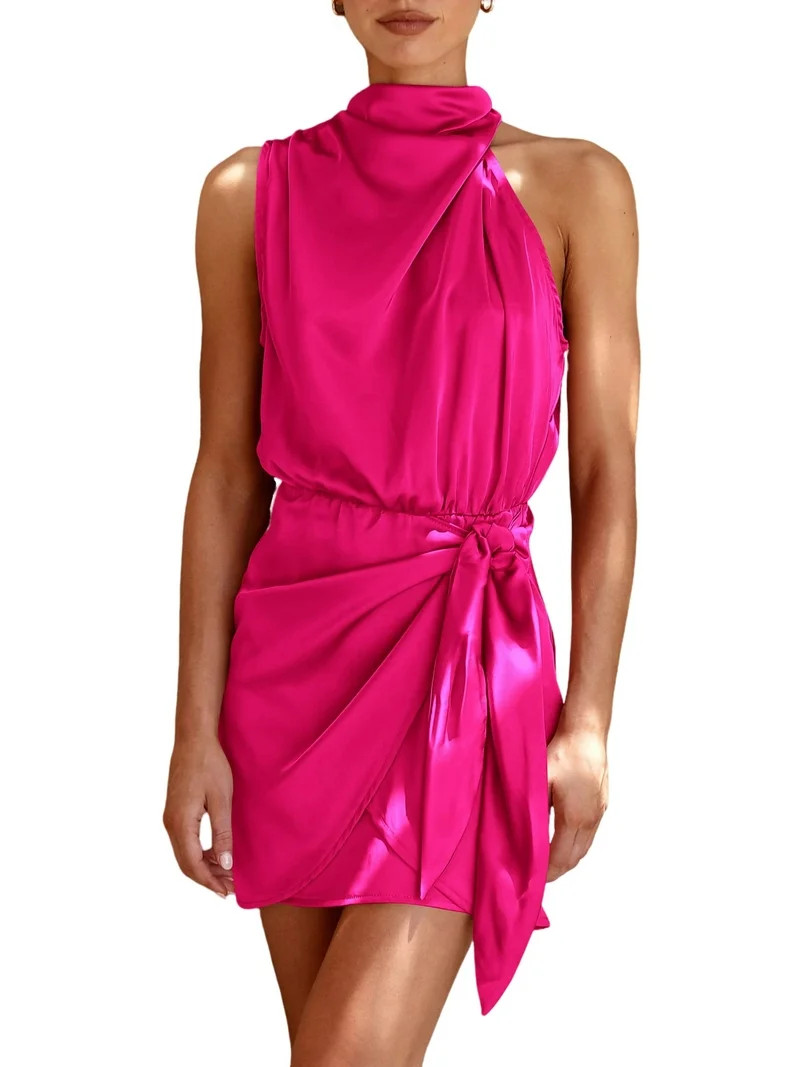 PRETTYGARDEN Women's Short Formal Satin Dress Summer Sleeveless Mock Neck Tie Waist Cocktail Part... | Walmart (US)