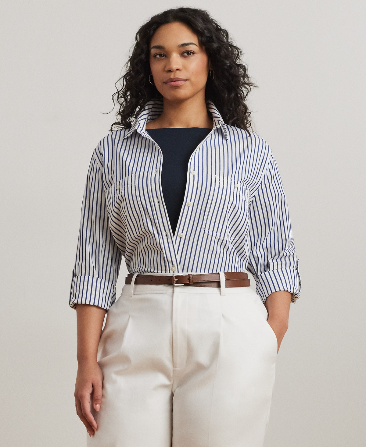 Lauren Ralph Lauren Plus Size Stripe Roll Tab Button-Down Shirt - White/Blue | Macy's