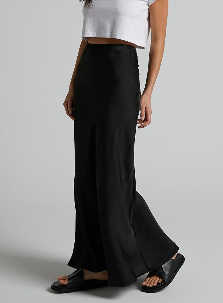 Amazon.com: Amy Babe Women's Satin Silky High Waist Maxi Skirt Elegant Elastic Waistband A Line L... | Amazon (US)