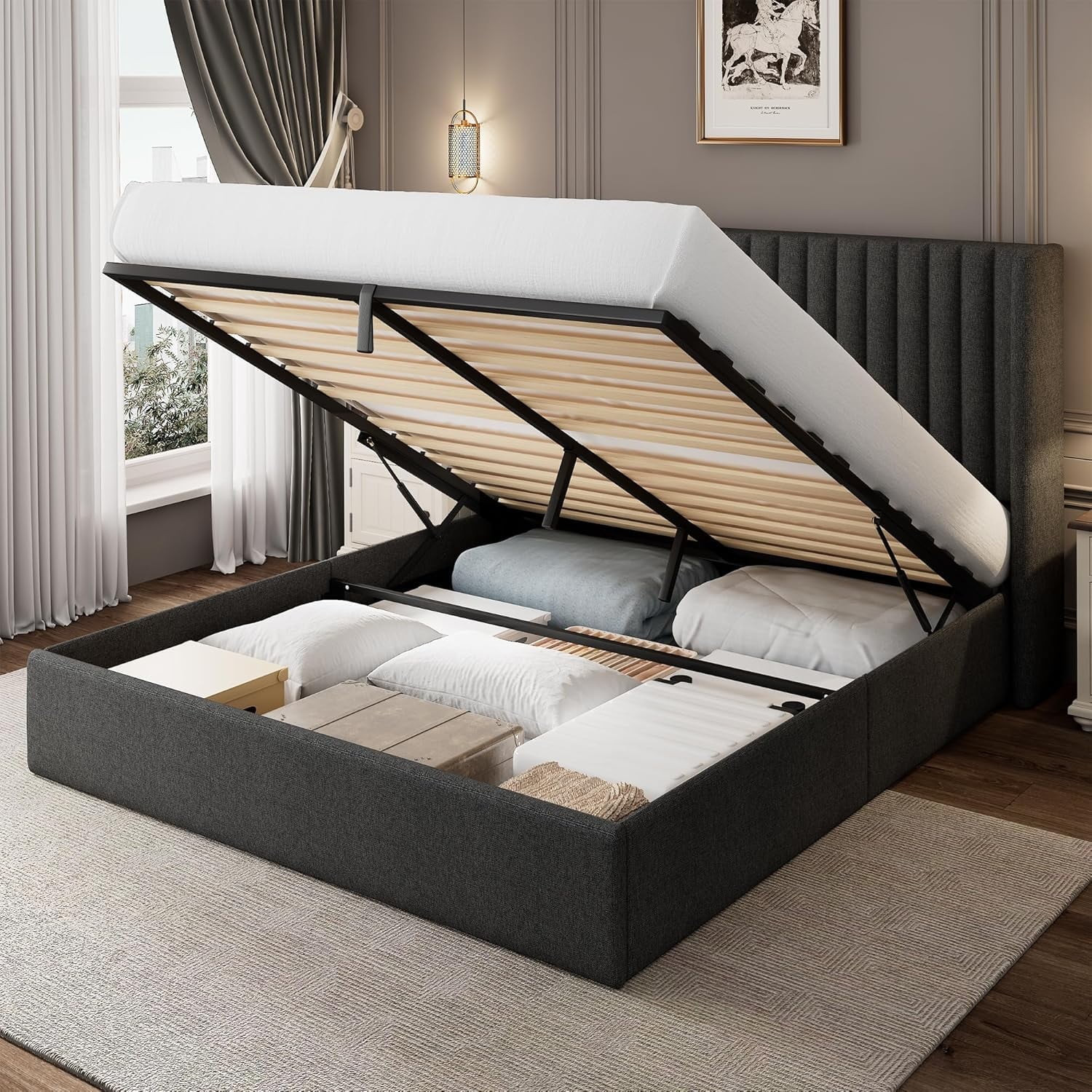 iPormis Full Size Bed Frame with Lift up Storage & Wingback Headboard, Upholstered Linen Bed Fram... | Walmart (US)