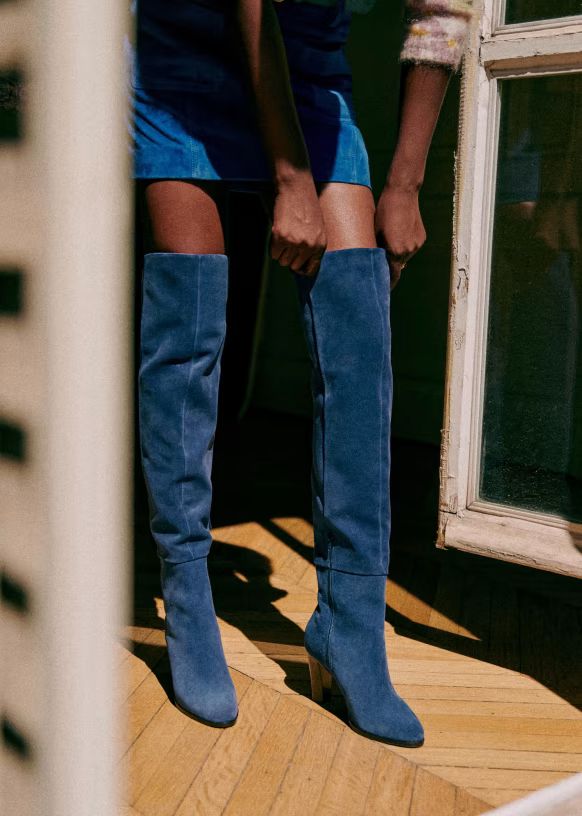 Anaelle Thigh Boots - Electric Blue - Split cowhide leather - Sézane | Sezane Paris