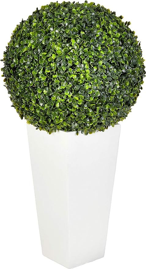 Nearly Natural 6404 Artificial Plant (Indoor/Outdoor) 28â€  Boxwood Topiary Ball in White Towe... | Amazon (US)
