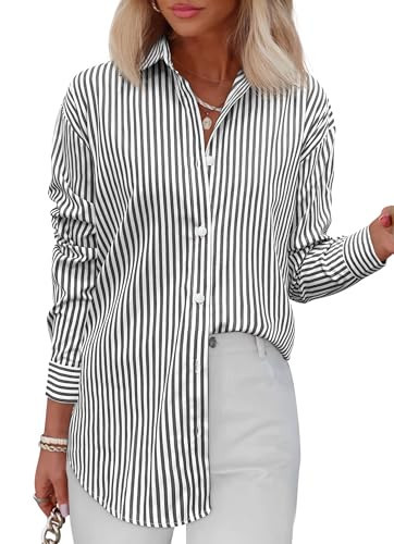 Diosun Womens Striped Button Down Shirts Classic Long Sleeve Stylish Collared Office Work Blouses Tops (M, Striped Black) | Amazon (US)