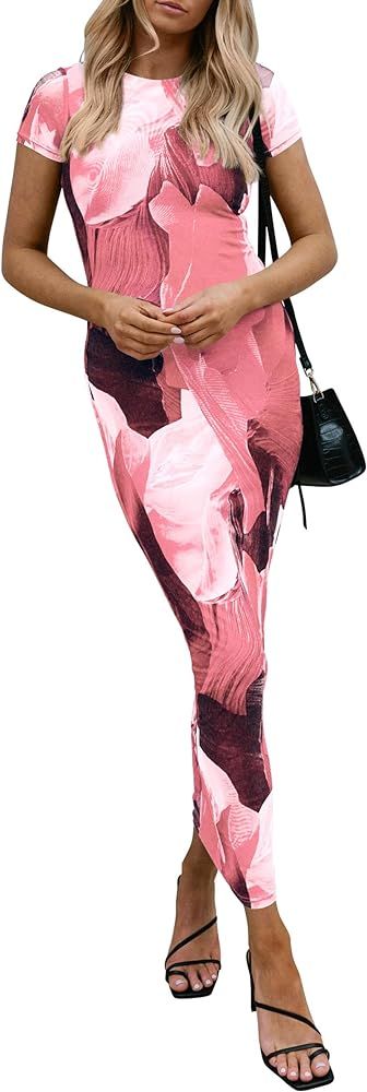 PRETTYGARDEN Women Maxi Bodycon Dress Summer Short Sleeve Printed Y2K Long Fitted Pencil Club Par... | Amazon (CA)