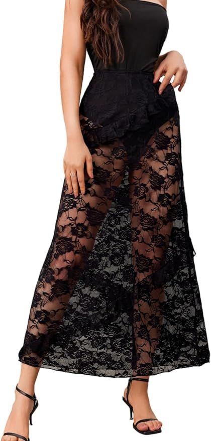 Date Night Outfits, Floral Lace Ruffle, Long Midi Skirt Vacation | Amazon (US)