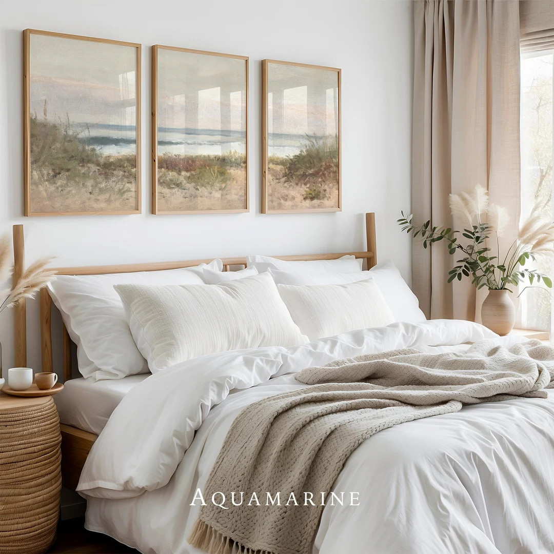 Beach Landscape Print Set, Neutral Tones Set of 3 Prints, Coastal Wall Art, Beach House Wall Deco... | Etsy (US)