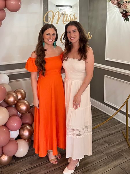This orange ASTR the Label off the shoulder dress is perfect for summer events like this bridal shower. I paired it with nude cork heels and turquoise statement earrings. 

#LTKstyletip #LTKunder100 #LTKunder50
