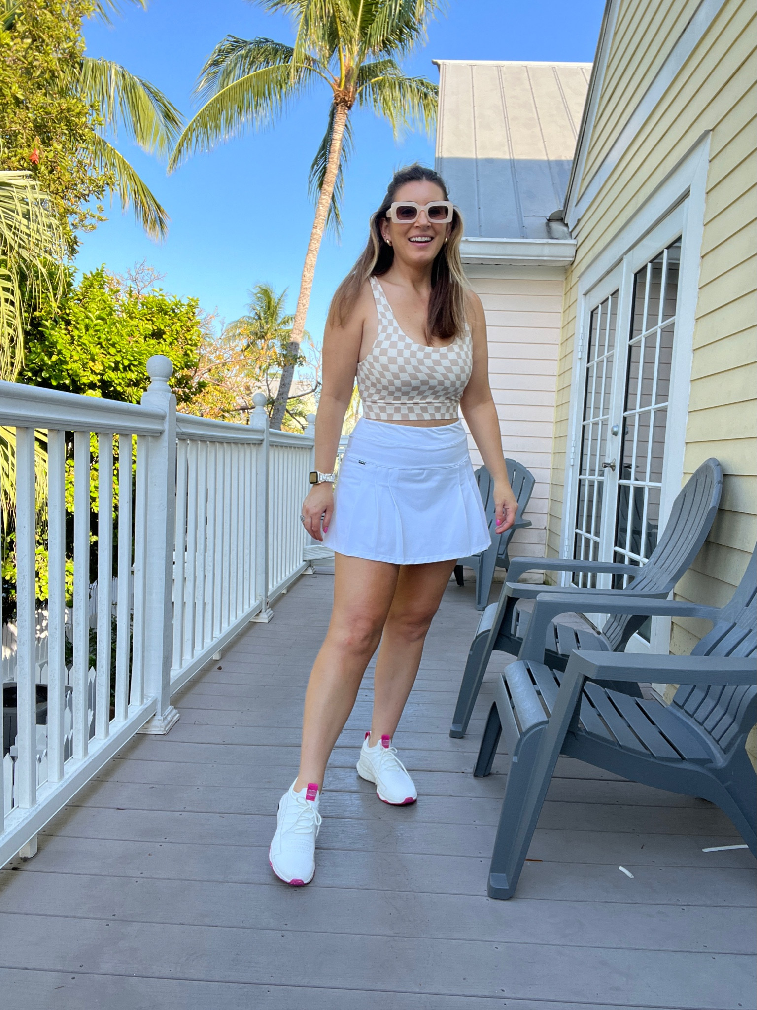Checker print crop top, sports bra, activewear, cropped pullover, Amazon tennis skort, tennis skirt, white sneakers, Amazon sunglasses 

#LTKfitness #LTKshoecrush #LTKfindsunder50