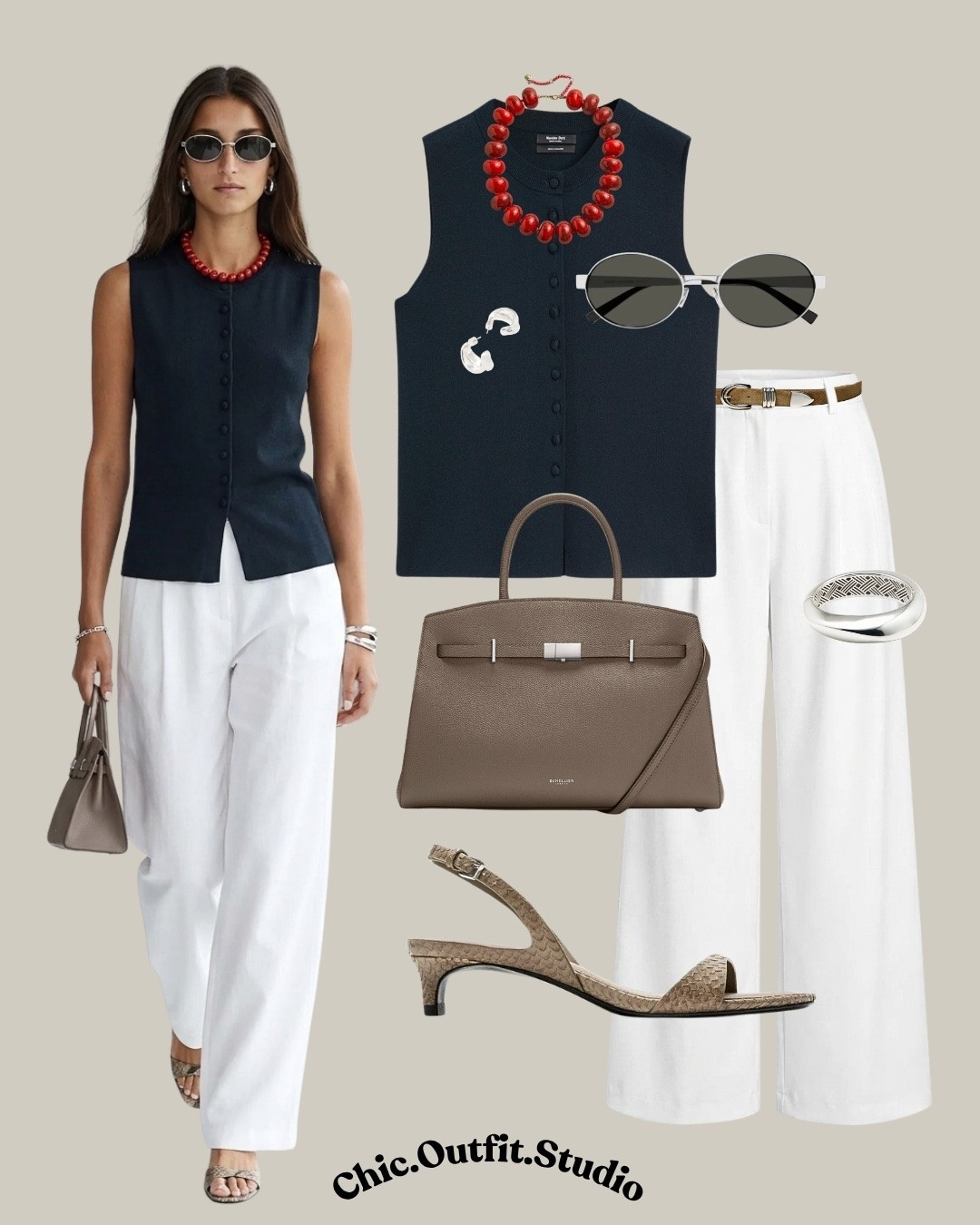Navy Buttoned Vest & White Wide-Leg Pants

✨A structured navy sleeveless buttoned vest paired with crisp white wide-leg trousers creates a sophisticated summer outfit with timeless appeal. Neutral accessories and bold red jewellery add a refined finishing touch, making this look perfect for business casual settings, elegant lunches, office days, gallery visits or city evenings.

✨Tags: navy vest outfit women, sleeveless tailored vest, white wide leg pants outfit, business casual summer outfit, elegant office outfit women, quiet luxury style, European chic outfit, minimalist workwear, sophisticated summer fashion, smart casual outfit women, elevated everyday outfit, capsule wardrobe essentials, classic navy outfit, polished summer style, timeless fashion women, neutral luxury outfit, modern tailoring women, city chic outfit, elegant casual dressing, refined summer wardrobe

#LTKworkwear #LTKsummer #LTKbag