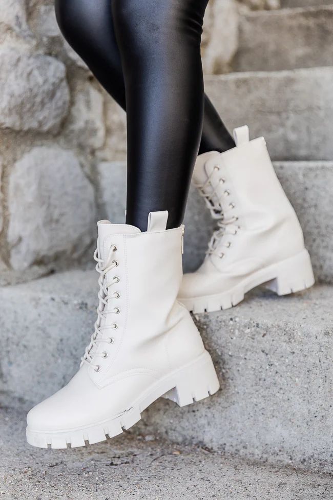 Trina Taupe Leather Combat Boots | Pink Lily