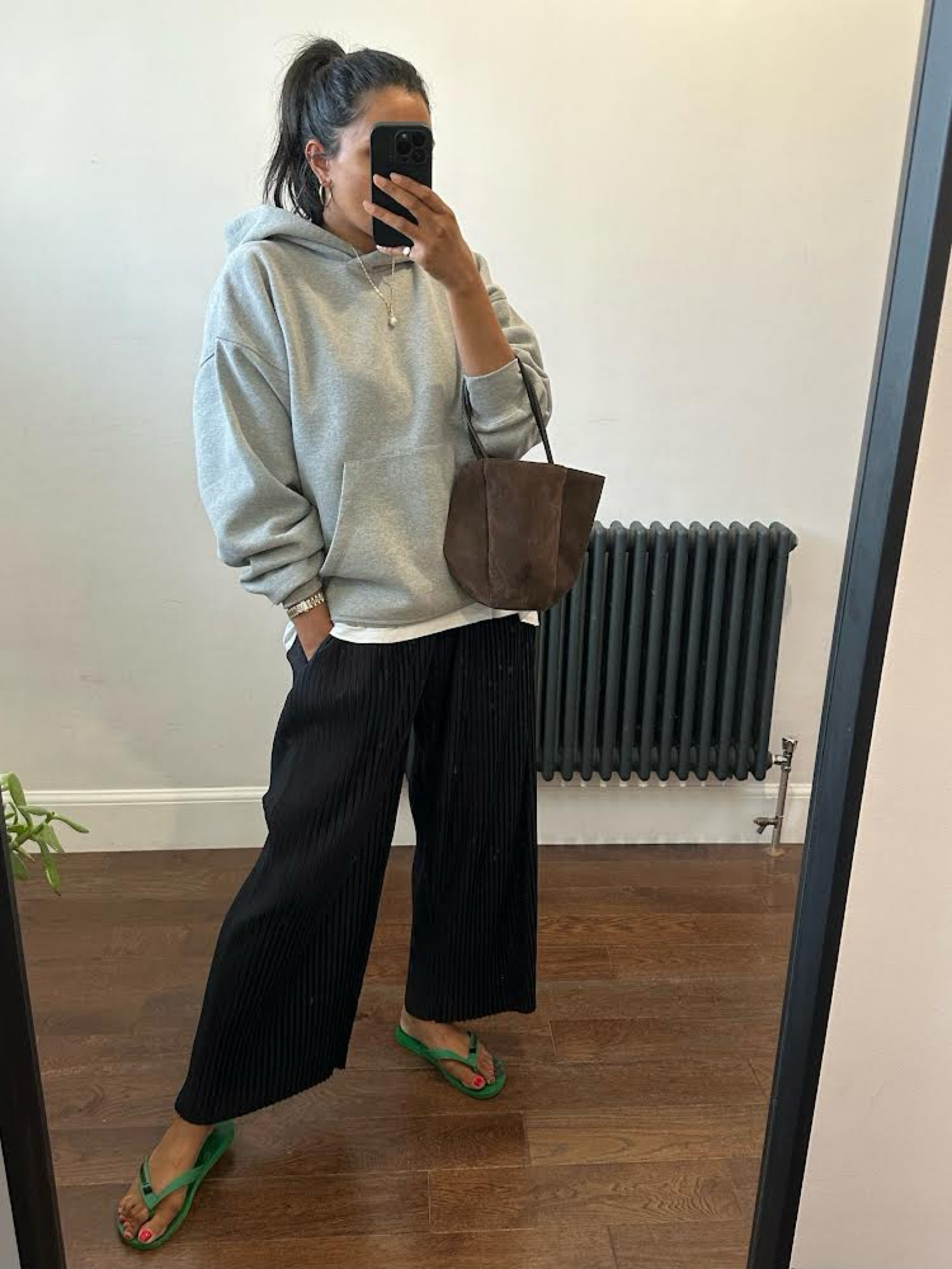 Grey hoodie, black pleated trousers, cropped trousers, green Havaianas flip flops, asos, casual outfit, comfy outfit, wide leg trousers 

#LTKstyletip #LTKuk #LTKsummer