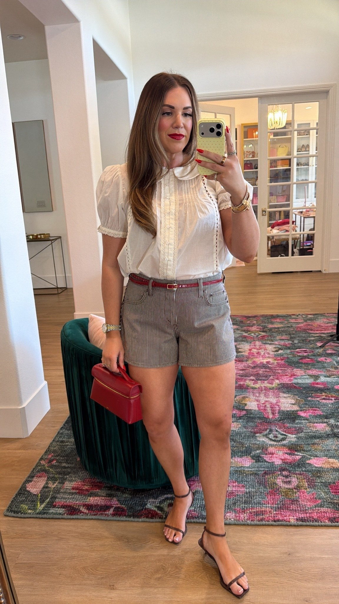 curvy midsize summer look! wearing size medium in cream blouse and size 30 in brown stripe shorts. top and shorts are on sale + an extra 15% off with code AFSUMMER

#LTKSaleAlert #LTKMidsize #LTKSeasonal