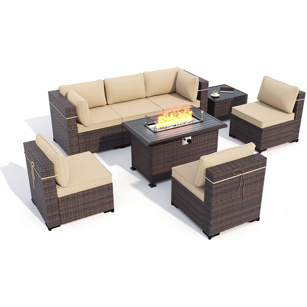 Gotland Outdoor Patio Furniture Set 8 Pieces Rattan Wicker Sectional Sofa with 43.3" Gas Fire Pit... | Walmart (US)