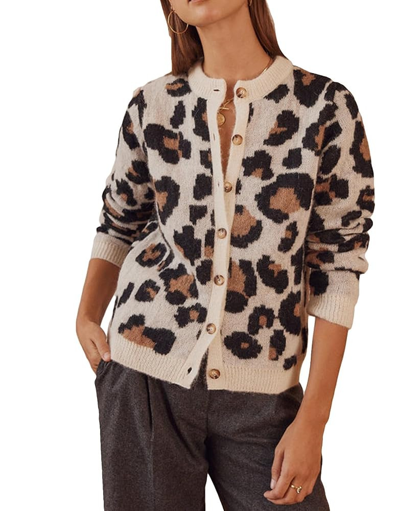 Women's Leopard Print Cardigans Open Front Button Down Long Sleeve Cheetah Print Knit Tops | Amazon (US)