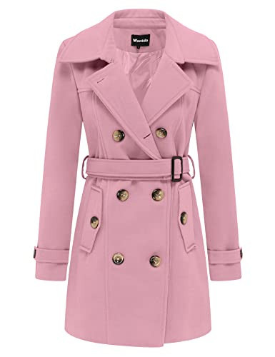 wantdo Women's Double Breasted Pea Coat Winter Mid-Long Trench Coat with Belt Pink Large | Amazon (US)