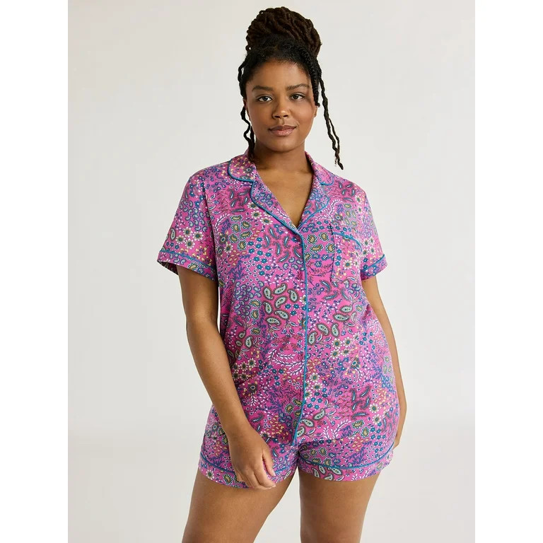 Joyspun Women's Knit Notch Collar Top and Shorts Pajama Set, 2-Piece, Sizes S to 3X - Walmart.com | Walmart (US)