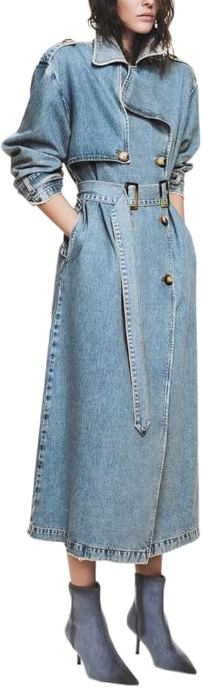 Glkaend Women Casual Long Sleeve Denim Dress Loose Double Breasted Belt Denim Trench Dresses | Amazon (US)