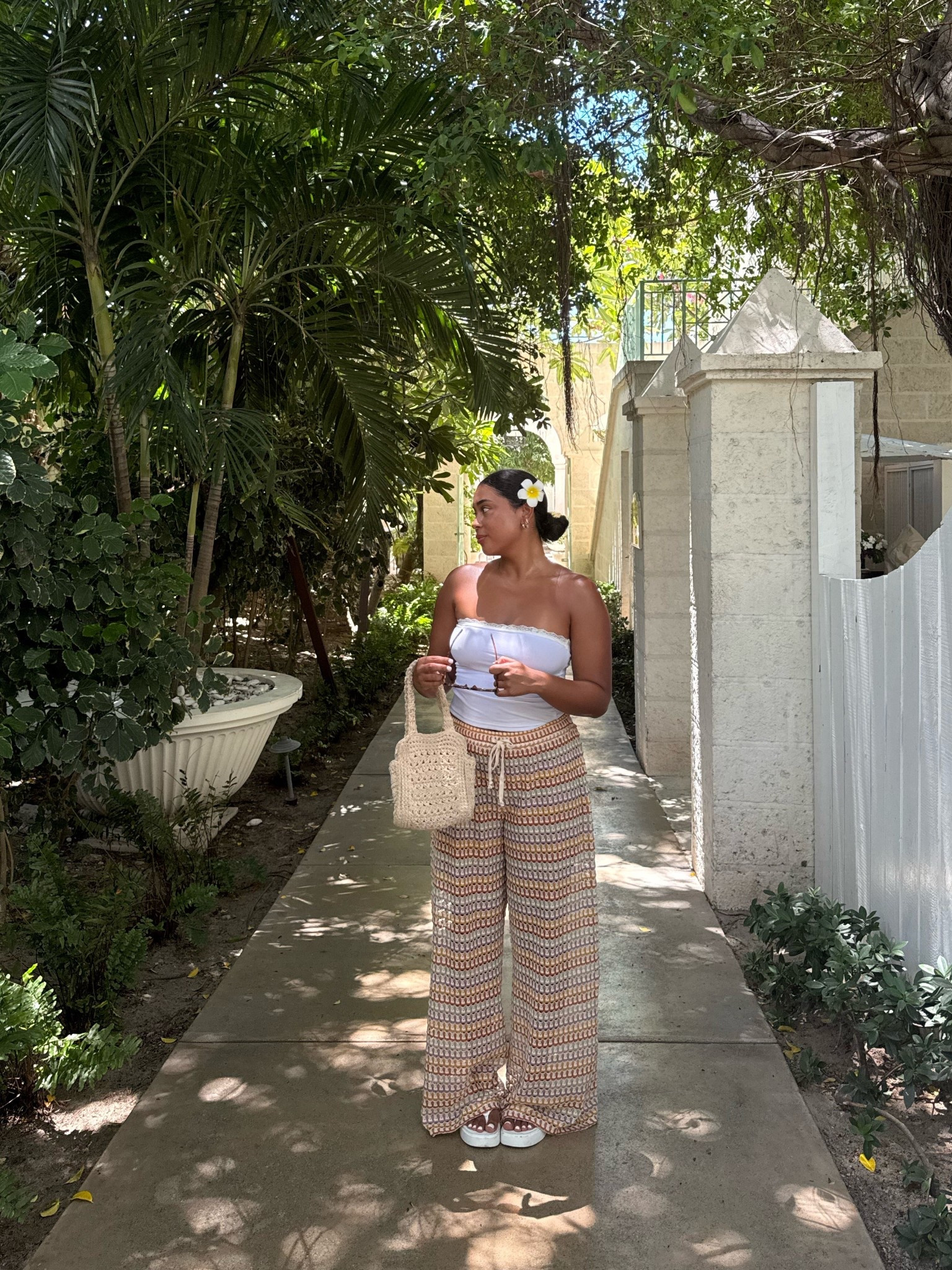 tube top & crochet pants combo 

Pants are from Grey Bandit, love love love them, super comfy & not too see through (wearing a L)
Tube top is Amazon (not double lined but the material is so buttery soft flattering & I love how it legit holds up (wearing a M)