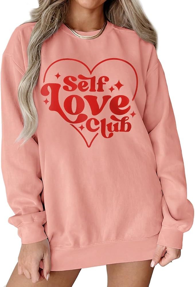 KEKEMI Women Valentine's Day Sweatshirt Self Love Club Letter Printed Shirt Retro Heart Graphic L... | Amazon (US)
