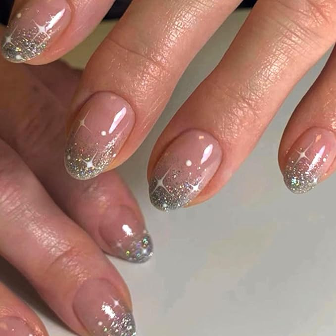 Glitter French Tip Press on Nails Short Almond TUZANDW Pink Full Cover Glue on Nails Short Oval S... | Amazon (US)