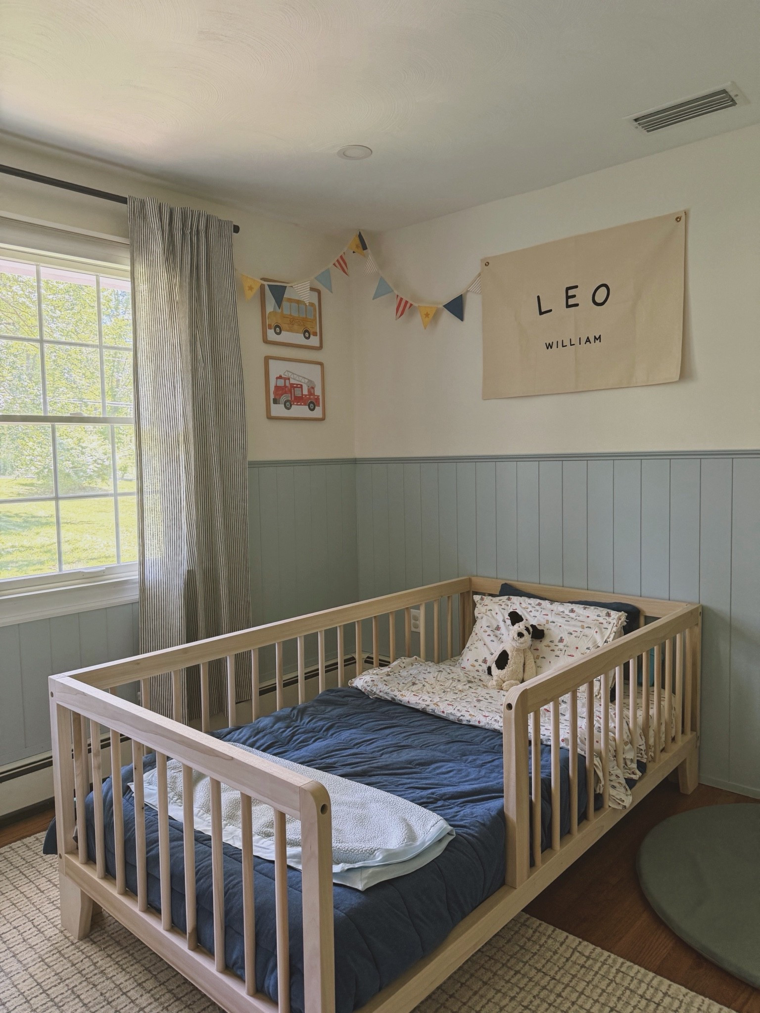 Toddler boy bedroom 🩵🚒

Vehicles room// boy room// big boy bed

Bed is Simply Sori!!

#LTKHome #LTKKids #LTKBaby