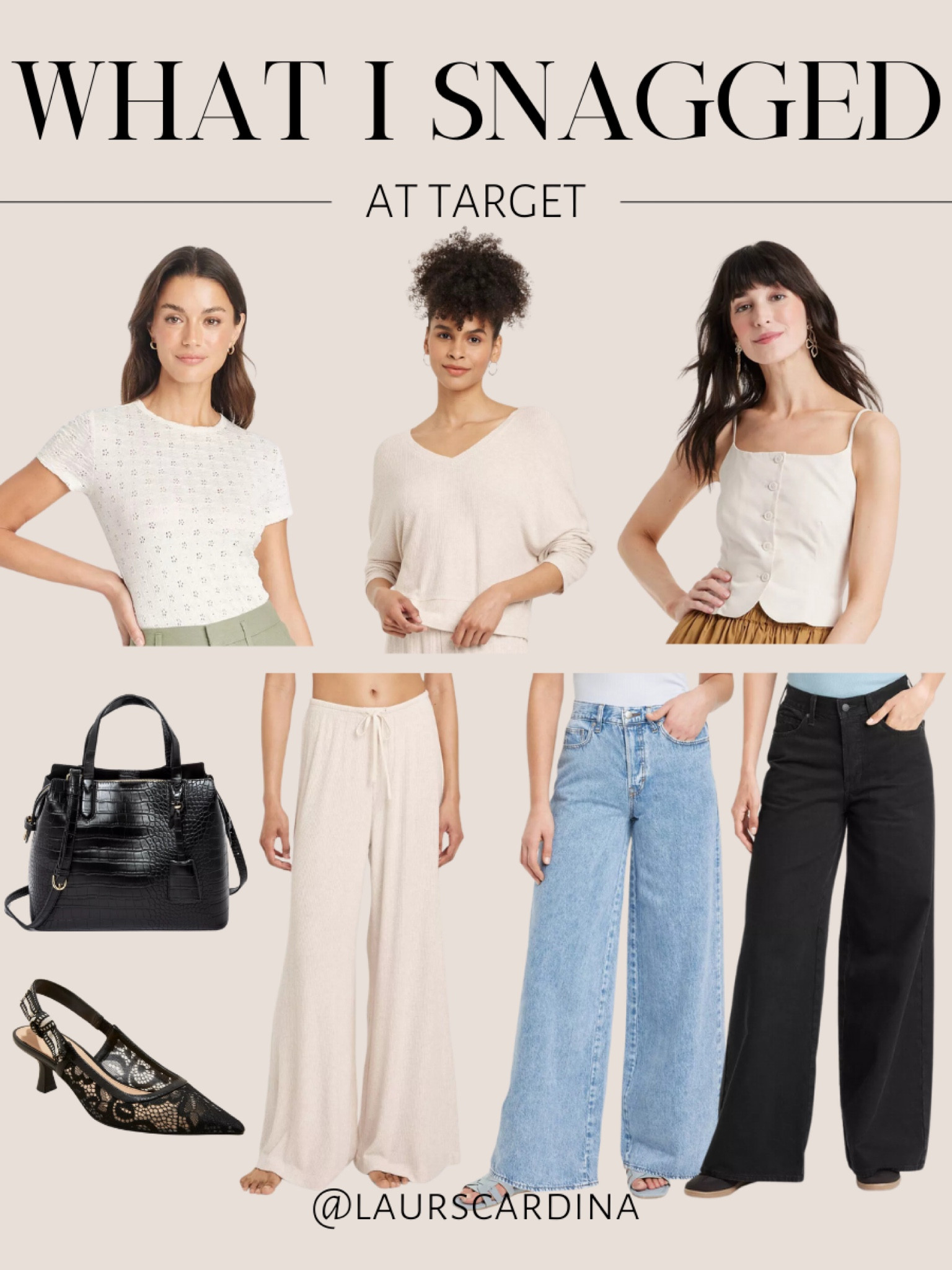 What I snagged at Target, including a t-shirt, ribbed v-neck cozy long sleeve with coordinating wide leg pants, a square neck cami, mid-rise wide-leg jeans, a satchel purse, and black slingback heels.

Ootd, target style, casual outfit, summer outfit, fall outfit

#LTKFindsUnder50 #LTKStyleTip #LTKShoeCrush
