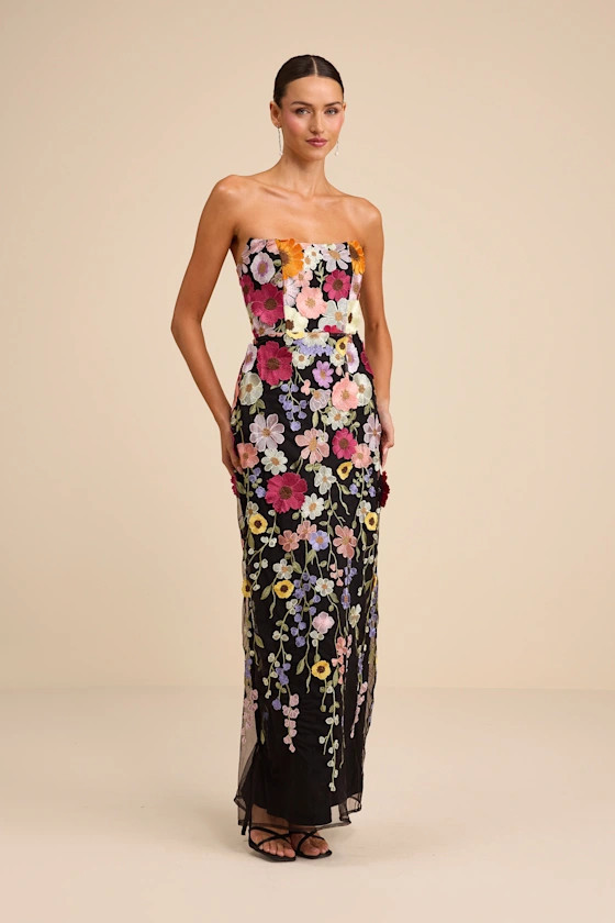 Macario Black Multi 3D Floral Embroidered Strapless Maxi Dress | Lulus