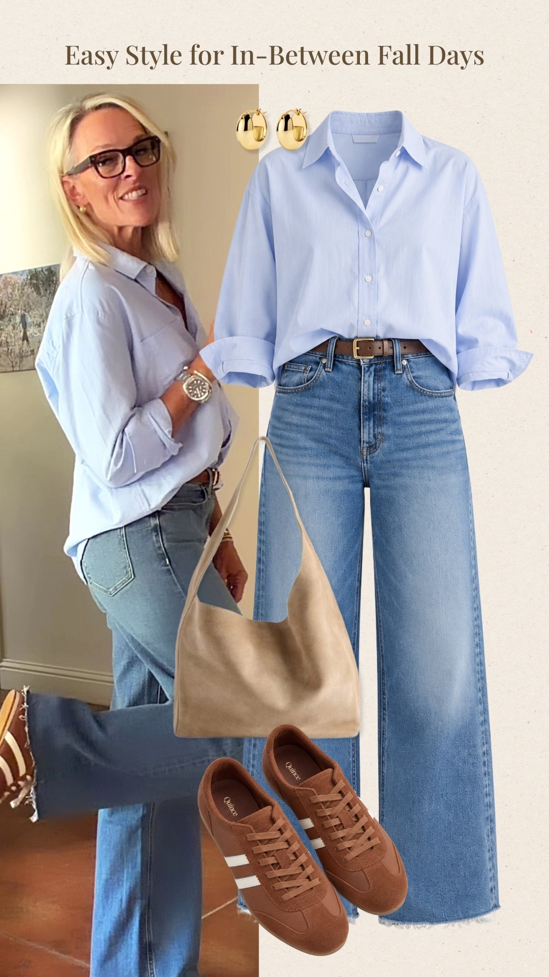 A classic blue button-down and denim outfit is one of those combinations that works so well for everyday wear. I love how the light blue shirt, relaxed jeans, and warm brown sneakers create an easy, polished look for errands, lunch, or casual fall days.