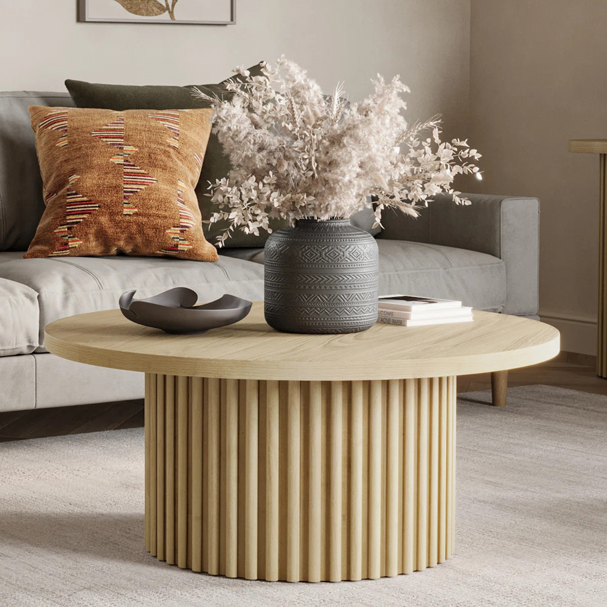 Tannen 40" Round Mid-Century Modern Fluted Pedestal Base Coffee Table With Caster Wheels | Wayfair North America