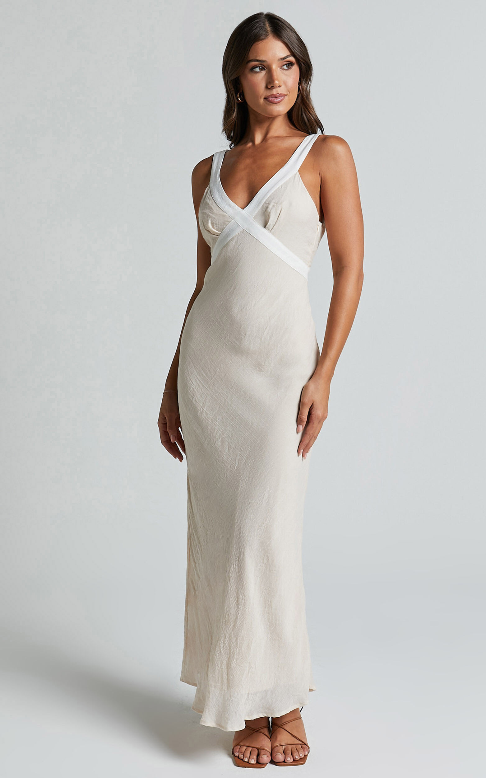 Chakyra Midi Linen Blend Dress - Contrast Strap Bias Cut Column Dress in Beige with White Contras... | Showpo (US, UK & Europe)