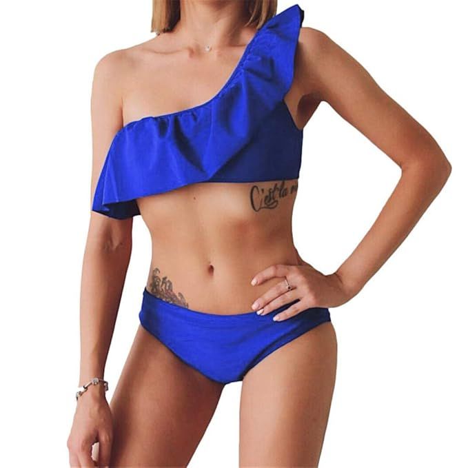 BB67 Women's Push Up Split Tankini Solid Ruffle One Shoulder Monokini Swimsuit Bikini Two Pieces ... | Amazon (US)