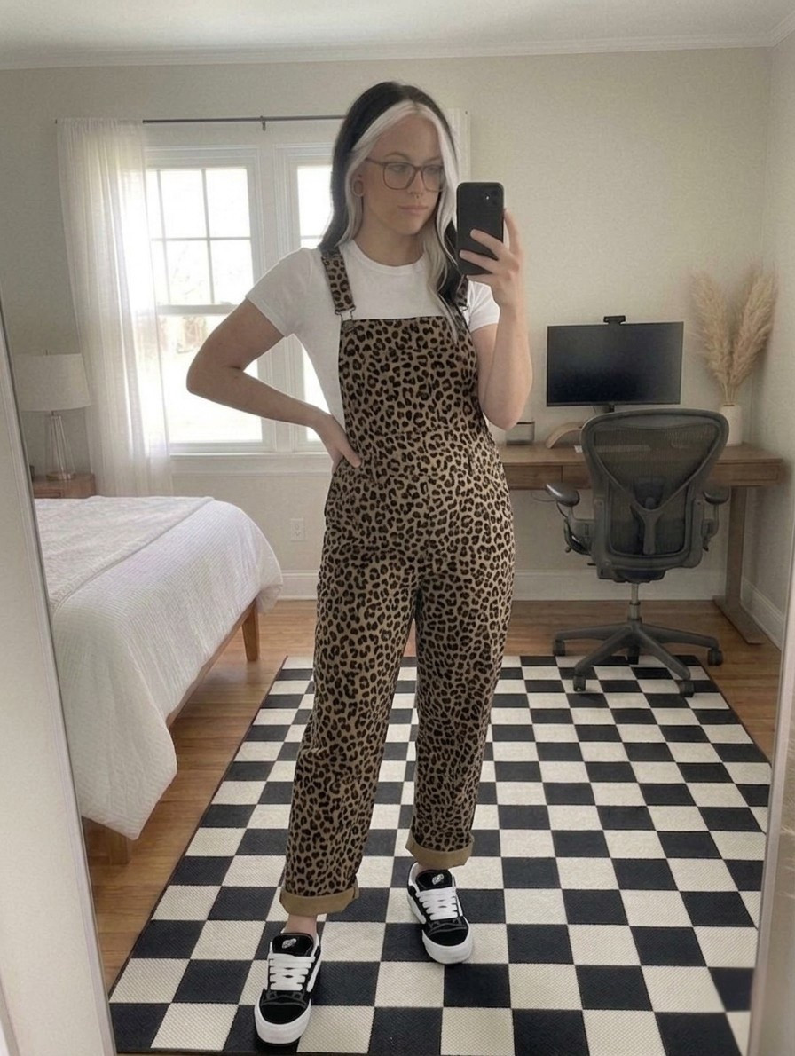 Obsessed with this mix of bold leopard print and 90s skate culture vibes! These relaxed-fit overalls are the ultimate statement piece. They are perfect for when you want to look effortlessly cool without trying too hard. I layered them over a crisp white crewneck tee to let the pattern pop and finished the look with Vans Knu Skool sneakers for that chunky, nostalgic silhouette.

Whether you are hitting a coffee shop or a record store, this outfit delivers major street style energy.

#LTKMidsize #LTKSeasonal #LTKootd