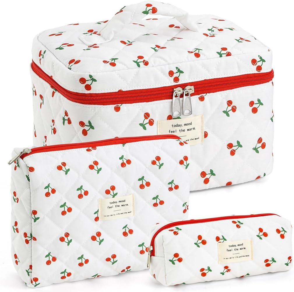 Makeup Bag for Women 3PCS Quilted Cotton Make Up Bag Travel Cosmetic Bag Large Makeup Bag Set Cut... | Amazon (US)