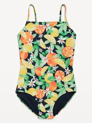 Printed Square-Neck Lattice-Back One-Piece Swimsuit for Girls | Old Navy (US)