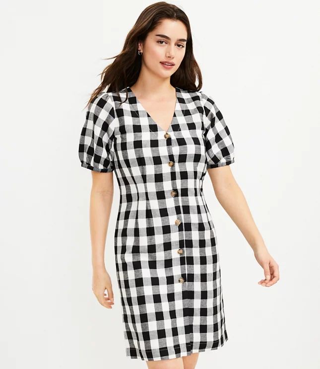 Gingham Button V-Neck Dress | LOFT